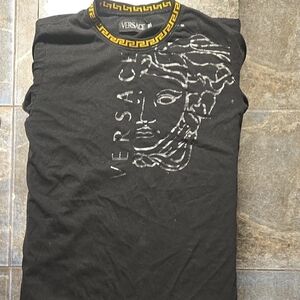 Versace Men's Black Tee with Gold Medusa Design